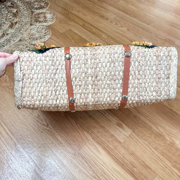Vintage Luggage Handmade Acapulco Mexico Oversized Straw Tote Bag with Flowers - Picture 3 of 8
